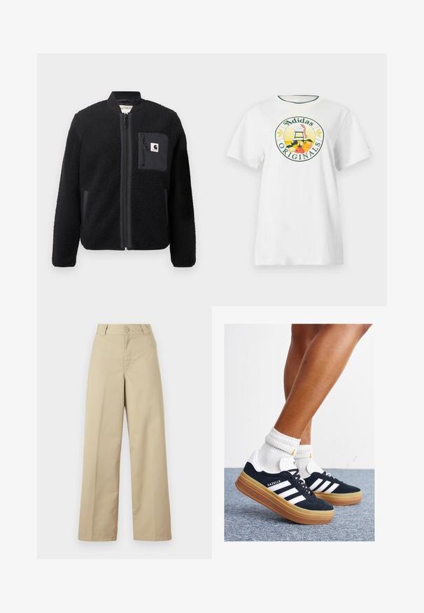 Giacca bomber nera in pile con zip frontale, polsini a coste e taschino sul petto. Presenta un tessuto testurizzato e un design di colore solido.; T-shirt bianca in cotone a maniche corte, con un logo grafico rotondo in verde e giallo, che mostra "Adidas Originals" e disegni di frutta.; Pantaloni beige a gamba larga in cotone, con chiusura a bottone, passanti per cintura e frontale piatto con dettagli minimi.; Sneakers in pelle scamosciata nera con strisce e dettagli bianchi, punta arrotondata, suola in gomma color gomme, abbinate a calzini bianchi a coste alla caviglia.