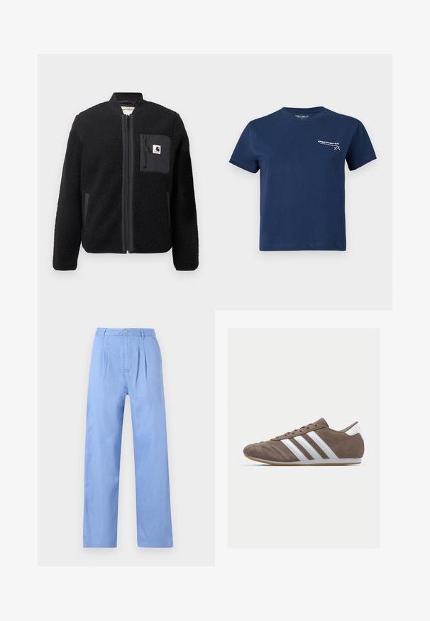 Black fleece bomber jacket with a zip front, ribbed cuffs, and a chest pocket. Features textured fabric and solid color design.; Navy blue cotton t-shirt with short sleeves, round neckline, and a white logo printed on the front left side. Simple design, smooth texture.; Light blue linen trousers with a pleated front, high waist, and a straight-leg design. Features a button closure at the waistband.; Brown suede athletic shoe with white stripes, round toe, lace-up design, and gum rubber sole. Textured upper with stitching details.