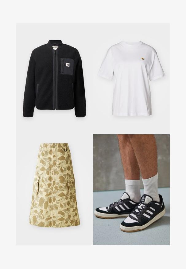 Svart fleece bomberjakke med glidelås foran, ribbestrikkede mansjetter og brystlomme. Har teksturert stoff og en ensfarget design.; Hvit bomulls t-skjorte med avslappet passform, korte ermer og en liten brodert logo på venstre brystområde.; Kaki skjørt med kamuflasjemønster, laget av et glatt materiale, med elastisk linning og to sidelommer.; Sorte og hvite sneakers med overdel i semsket skinn og lær, med tre hvite striper, perforert tå og en såle av gummi.