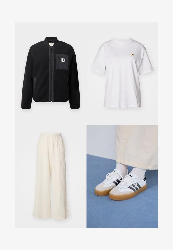 Black fleece bomber jacket with a zip front, ribbed cuffs, and a chest pocket. Features textured fabric and solid color design.; White cotton t-shirt with a relaxed fit, short sleeves, and a small embroidered logo on the left chest area.; Cream wide-leg pants made of textured fabric with an elastic waistband and two side pockets, featuring vertical ribbed pattern.; White sneakers with black stripes and beige suede accents. Feature a textured gum sole and flat white laces, worn with light-colored socks.