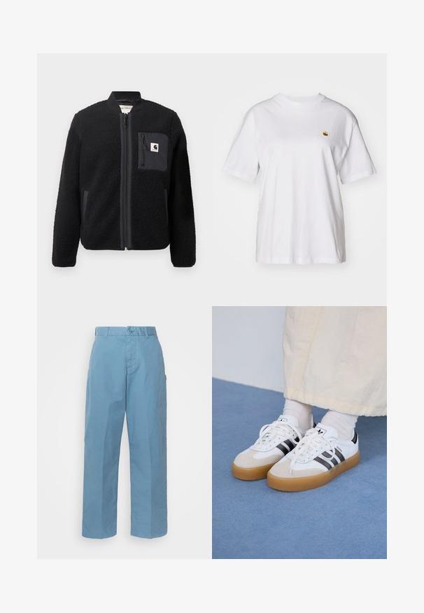 Svart fleece bomberjakke med glidelås foran, ribbestrikkede mansjetter og brystlomme. Har teksturert stoff og en ensfarget design.; Hvit bomulls t-skjorte med avslappet passform, korte ermer og en liten brodert logo på venstre brystområde.; Lyseblå bomullsbukser med rette ben, med knappestenging, beltehemper og en subtil tekstur.; Hvite sneakers med svarte striper og beige semsket skinn-detaljer. Har en teksturert gummisåle og flate hvite snører, brukt med lyse sokker.