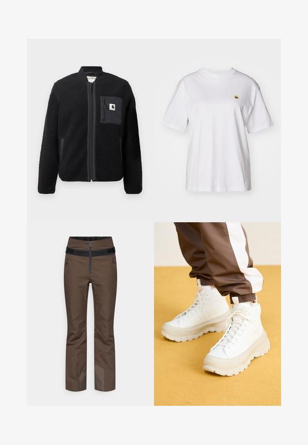 Giacca bomber nera in pile con zip frontale, polsini a coste e taschino sul petto. Presenta un tessuto testurizzato e un design di colore solido.; Maglietta in cotone bianco con vestibilità rilassata, maniche corte e un piccolo logo ricamato sul lato sinistro del petto.; Pantaloni imbottiti marroni con una fascia alta in vita, chiusura con cerniera nera, tasche laterali e bordi inferiori rinforzati per durabilità.; Sneaker alte bianche con una suola spessa e testurizzata, dotate di una parte superiore liscia, punta rotonda e lacci tono su tono, su uno sfondo giallo.