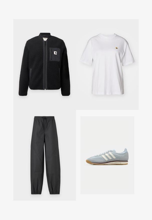 Casaco bomber de lã preto com fecho éclair na frente, punhos canelados e um bolso no peito. Apresenta um tecido texturizado e um design de cor sólida.; T-shirt branca de algodão com um corte descontraído, mangas curtas e um pequeno logótipo bordado na área do peito esquerdo.; Calças atléticas pretas, largas e confortáveis, com cintura elástica e cordão. Apresentam punhos ajustados e costuras planas para um acabamento suave.; Sneakers de camurça azul claro com três riscas brancas, sola de borracha e malha texturizada. Apresenta uma biqueira lisa e marca no calcanhar.