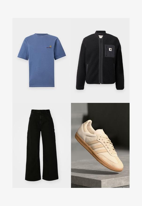 Schwarze Fleece-Bomberjacke mit Reißverschluss, gerippten Ärmeln und einer Brusttasche. Sie zeichnet sich durch einen strukturierten Stoff und ein einfarbiges Design aus.; Blaues Baumwoll-T-Shirt mit kurzen Ärmeln, ausgestattet mit einem kleinen roten und gelben Logo auf der Brust. Einfacher Rundhalsausschnitt mit geradem Saum.; Schwarze weite Cargo-Jeans mit hohem Bund, Frontknopfverschluss und Seitentaschen. Glatte Textur mit minimaler Naht.; Helle beigetöne Wildledersneaker mit Gumminsohle, drei schrägen Streifen und einer strukturierten Zehenkappe. Mit Logo auf der Zunge und der Seite.