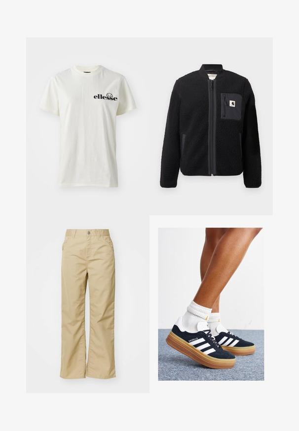 Mustat fleecetakki, jossa on vetoketju edessä, ribatoidut hihansuut ja rintatasku. Ominaisuuksia ovat teksturoitu kangas ja yksivärinen muotoilu.; Valkoinen puuvillapaita, jossa on pyöreä kaulus ja lyhyet hihat. Vasemmalla puolella on musta "ellesse" -logo. Pehmeä rakenne, rento malli.; Valkoinen puuvillainen leveälahkeinen housut, joissa on sileä pinta, edessä taskut ja hopeinen nappi vyötäröllä.; Musta mokkanahkainen tennari, jossa valkoiset raidat ja yksityiskohdat, pyöreä kärki, purukumipohja, yhdistetty valkoisiin ribbineuleisiin nilkkasukkiin.