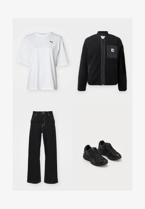 Černá fleecová bomber bunda se zipem vpředu, vroubkovanými manžetami a kapsou na hrudi. Disponuje texturovanou tkaninou a jednobarevným designem.; Bílý bavlněný tričko s kulatým výstřihem, krátkými rukávy a černým logem Puma na levé straně hrudi.; Černé široké džínsy vyrobené z denimu, s kontrastním bílým prošitím a předním zapínáním na knoflík, se dvěma šikmými předními kapsami.; Černé sportovní boty vyrobené z síťoviny a syntetických materiálů. Mají polstrovanou podešvei s texturovanými vzory a reliéfním logem na boku.