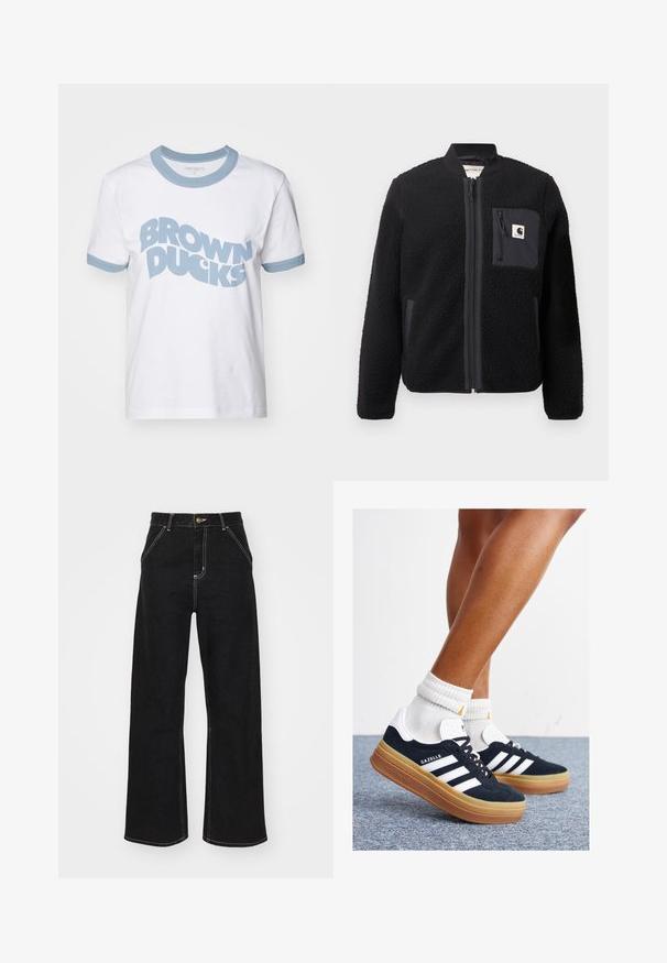 Svart fleece bomberjacka med blixtlås framtill, ribbade ärmslut och en bröstficka. Har textilstruktur och en ensfärgad design.; Vit bomullströja med ljusblå ribbad krage och manschetter. Har fet blå text som står "BROWN DUCKS" över framsidan.; Svarta vida jeans i denim, med kontrasterande vit sömnad och framknäppning, samt två snedställda framfickor.; Svarta sneakers i mocka med vita ränder och detaljer, rundad tå, yttersula i gummiblandning, kombinerade med vita ribbade crew-strumpor.