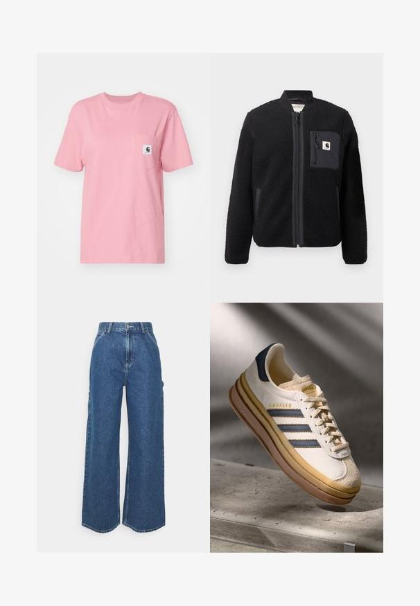Giacca bomber nera in pile con zip frontale, polsini a coste e taschino sul petto. Presenta un tessuto testurizzato e un design di colore solido.; Carhartt WIP POCKET - T-shirt basic - dusty rose; Pantaloni in denim blu a gamba larga con vita alta, cuciture a contrasto e tasche laterali, caratterizzati da un classico design a cinque tasche e orli grezzi.; Sneaker Adidas Gazelle con tomaia in suede crema, accenti in pelle blu, tre strisce blu, suola intermedia beige e suola in gomma marrone.