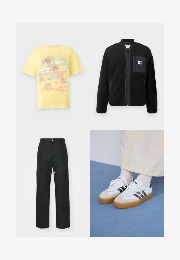 Svart fleece bomberjakke med glidelås foran, ribbestrikkede mansjetter og brystlomme. Har teksturert stoff og en ensfarget design.; Gul t-skjorte i bomull med et tropisk strandmotiv som viser palmer, en solnedgang og en illustrasjon av en hula danser. "Billabong" i kursiv.; Svarte bukser med rett ben-design, laget av et strukturert stoff. Har dekorativt sølvtilbehør og unike sømdetaljer.; Hvite sneakers med svarte striper og beige semsket skinn-detaljer. Har en teksturert gummisåle og flate hvite snører, brukt med lyse sokker.