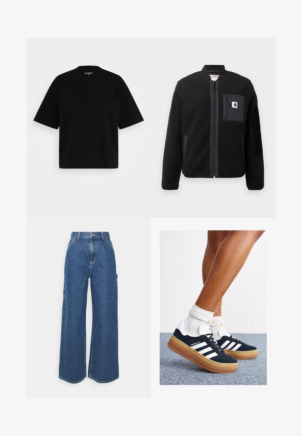 Must schwarze fleece-bomber-jakk, millel, lukkumine, soonikkoesed ja rindade tasku. Omab tekstuuriga kangast ja ühtlase värvi disaini.; Must musta T-särk lõdva lõikega, lühikeste varrukatega, ümmarguse kaelusega ning vasakul rinnal väikese logoga.; Laiene jalad sinised denim püksid kõrge vöökohaga, kontrastsete õmblustega ja küljetaskutega, klassikalise viie taskuga disainiga ja toore servaga.; Mustad seemisnahast tossud valgete triipude ja detailidega, ümarate varbassosadega, kummist välistallaga, paaritatud valgete soonikuliste meessokkidega.