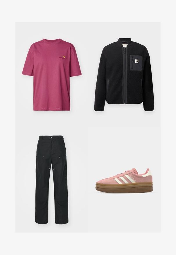 Jachetă bomber neagră din fleece, cu fermoar frontal, manșete ribbed și un buzunar pe piept. Prezintă un material texturat și un design de culoare solidă.; Carhartt WIP AMERICAN SCRIPT - Tricou basic - dusty fuchsia; Pantaloni negri cu un design drept, realizați dintr-un material texturat. Prezintă accesorii decorative din argint și detalii unice în cusături.; adidas Originals GAZELLE BOLD - Sneakers low - mauve/off white