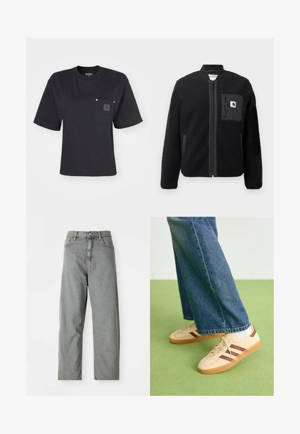 Melnā vilnas bombers jakas ar rāvējslēdzēja priekšpusi, ribinātām aprocēm un krūšu kabatu. Iezīmēts ar teksturētu audumu un viendabīgu krāsu dizainu.; Melnas kokvilnas T-krekls ar īsām piedurknēm, apaļu apkakli un priekšējo kabatu ar uzšuvi logotipu. Minimālisma dizains ar brīvu pieguvi.; Gai pelēku džinsu bikses ar taisnu kāju dizainu, ar priekšējo pogu aizdari, piecām kabatām un izsmalcinātu izbalējumu.; Beidzīgi krēmbalti sporta apavi ar tekstūru un brūnā svītra, apvienoti ar zilu džinsu biksēm. Džinsus raksturo plata kāja un saplēsts apakšmalas dizains.