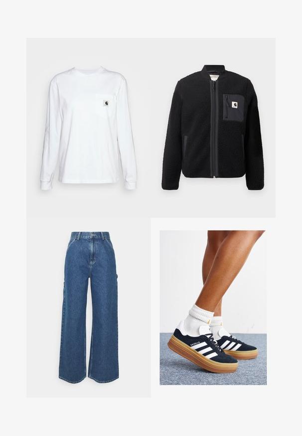 Black fleece bomber jacket with a zip front, ribbed cuffs, and a chest pocket. Features textured fabric and solid color design.; Long-sleeve white t-shirt made of cotton, featuring a chest pocket with a square logo patch, round neckline, and ribbed cuffs.; Wide-leg blue denim trousers with a high waist, contrasting stitching, and side pockets, featuring a classic five-pocket design and raw hems.; Black suede sneakers with white stripes and accents, rounded toe, gum rubber outsole, paired with white ribbed crew socks.