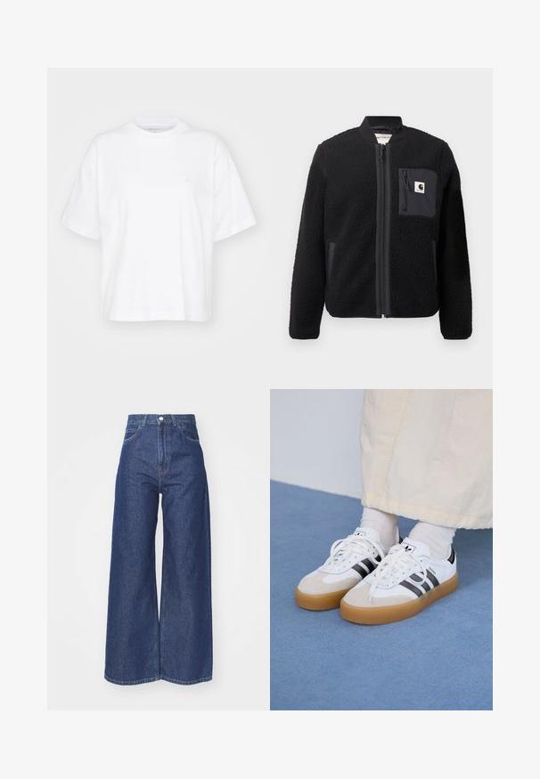 Črn flisasti bomber jakna z zadrgo spredaj, rebrastimi manšetami in žepom na prsih. Ponuja teksturirano tkanino in enobarven dizajn.; Bela bombažna majica s kratkimi rokavi, okroglim izrezom in sproščenim krojem. Ima subtilen logotip na levem prsnem območju. Gladka tekstura.; Široke kavbojke iz temno modrega denima. Visok pas z zadrgo in gumbom. Klasičen pet-žepni stil in obrobljeni robovi.; Bele tene škornje s črnimi črtami in bež usnjenimi detajli. Imajo teksturirano gumijasto podplat in ravne bele vezalke, nosijo se z svetlimi nogavicami.