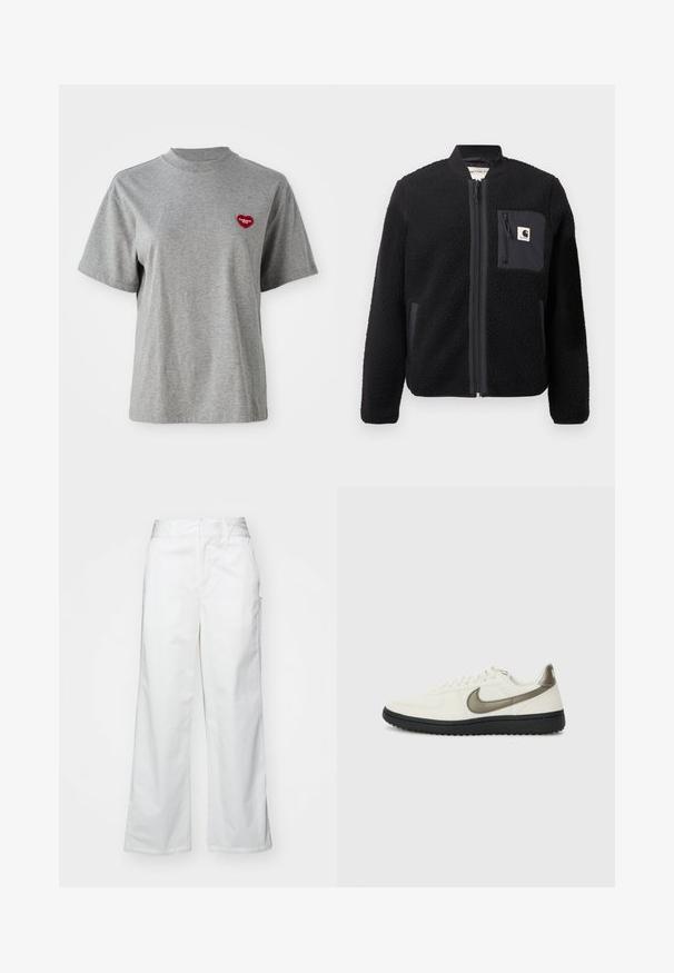 Casaco bomber de lã preto com fecho éclair na frente, punhos canelados e um bolso no peito. Apresenta um tecido texturizado e um design de cor sólida.; T-shirt cinza de manga curta com decote redondo, com um pequeno patch em forma de coração vermelho no lado esquerdo do peito, com a inscrição "Carhartt WIP."; Calças largas brancas feitas de algodão, com uma textura suave, corte reto, bolsos frontais e bainha limpa.; Nike Sportswear FIELD GENERAL - Sapatilhas - off-white/black