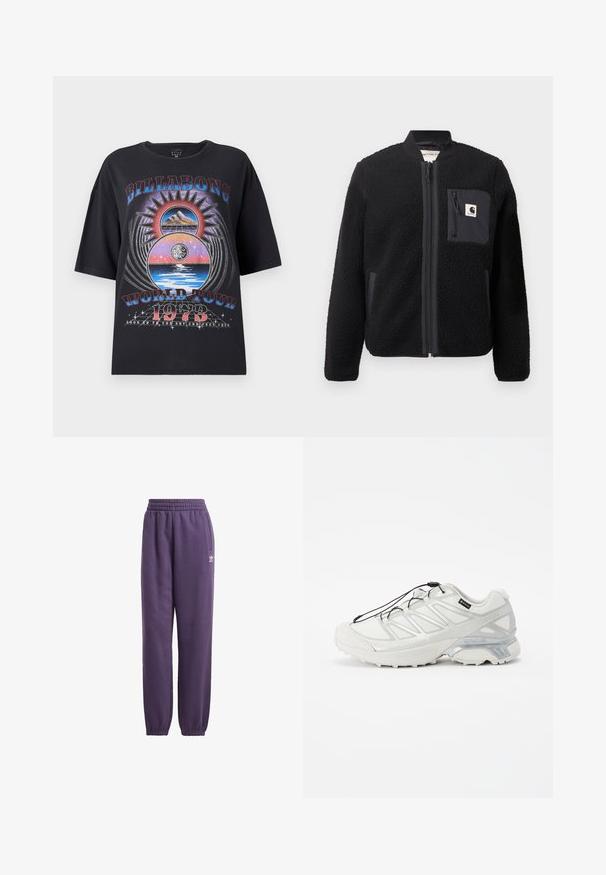 Black fleece bomber jacket with a zip front, ribbed cuffs, and a chest pocket. Features textured fabric and solid color design.; Black oversized t-shirt featuring a colorful graphic design with mountains, sun, and water elements. Text includes "Billabong World Tour 1973."; Purple sweatpants with elastic waistband and cuffs, side pockets, and white logo detail. Made from soft, cozy fabric for comfort.; White athletic shoe with a textured mesh upper, reflective accents, and a cushioned sole. Features elastic laces and gray detailing.