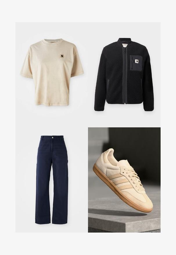 Schwarze Fleece-Bomberjacke mit Reißverschluss, gerippten Ärmeln und einer Brusttasche. Sie zeichnet sich durch einen strukturierten Stoff und ein einfarbiges Design aus.; Beige Baumwoll-T-Shirt mit lässigem Schnitt, Rundhalsausschnitt, kurzen Ärmeln und einem kleinen quadratischen Logo-Patch auf der linken Brustseite.; Marineblaue, weite Cargo-Hosen aus robustem Baumwollstoff, mit Seitentaschen und einem Knopfverschluss an der Taille.; Helle beigetöne Wildledersneaker mit Gumminsohle, drei schrägen Streifen und einer strukturierten Zehenkappe. Mit Logo auf der Zunge und der Seite.