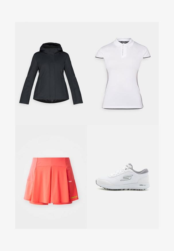 Fekete kapucnis dzseki letisztult dizájnnal, elülső cipzárral, oldalzsebekkel, állítható szegéllyel és mandzsettákkal. Tartós anyagból készült.; Fehér póló rövid ujjal, gallérral és elől gombos záródással. Fekete díszítések az ujjakon és az oldalvarrásokon. Puha, sima tapintás.; Ráncolt teniszszoknya világos korall színben, sima tapintással. Beépített sorttal és egy kis oldalsó zsebbel rendelkezik. Neon zöld logóval.; Fehér sportcipők texturált hálós felsőrésszel, ezüst részletekkel és könnyű talppal, amelyen kis tapadószögek találhatók, "ULTRA FLIGHT" felirattal.