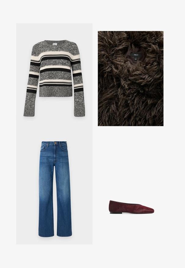 Ruskea karhea keinoturkki takki, jonka sisäpuolella näkyvä etiketti lukee "NEXT" ja "Made in China" tummalla sisävuorilla.; Mustat ja valkoiset raidalliset neuleet pyöreällä kaula-aukolla. Rakeinen neulontamateriaali. Pitkät hihat, joissa on liehukkeet. Vaakasuorat raidat vaihtelevilla leveydellä.; Mother THE LASSO SNEAK - Relaxed fit -farkut - dark blue denim; Ballet tasapohja tummanpunaisena, valmistettu karvapeitteisestä materiaalista. Ominaisuuksina terävä nenä ja tasainen musta pohja, joka esittelee sileää pintaa.