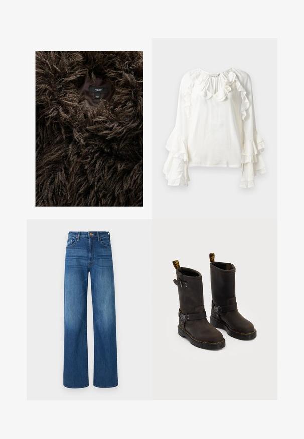 Brūns, pūkains mākslīgās ādas mētelis ar redzamu etiķeti iekšpusē, uz kuras rakstīts "NEXT" un "Ražots Ķīnā" tumšā iekšējā oderē.; Copenhagen Muse NORMA - Blūze - jet stream; Mother THE LASSO SNEAK - Brīva piegriezuma džinsi - dark blue denim; Tumši brūni ādas zābaki ar vidukļa dizainu, dzelteni izšuvumi, regulējamas sprādzes un cilpas augšpusē. Strukturēta apdare.