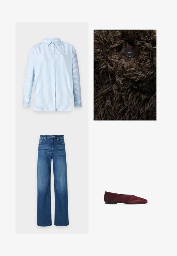 Pruun karvane tehisnaha mantel, mille sees on nähtav silt "NEXT" ja "Valmistatud Hiinas" tumedal voodril.; Sinine ja valge triibuline pikkade varrukatega särk, millel on nööpidega kaelus ja sirge lõige. Pehme kangas, nähtavad nööbid ja mansettide detailid.; Mother THE LASSO SNEAK - Avar lõikega teksad - dark blue denim; Tumedas punases balletkingades, valmistatud karvahõlmest. Omab teravat varvast ja lamedat musta talla, näidates sujuvat tekstuuri.