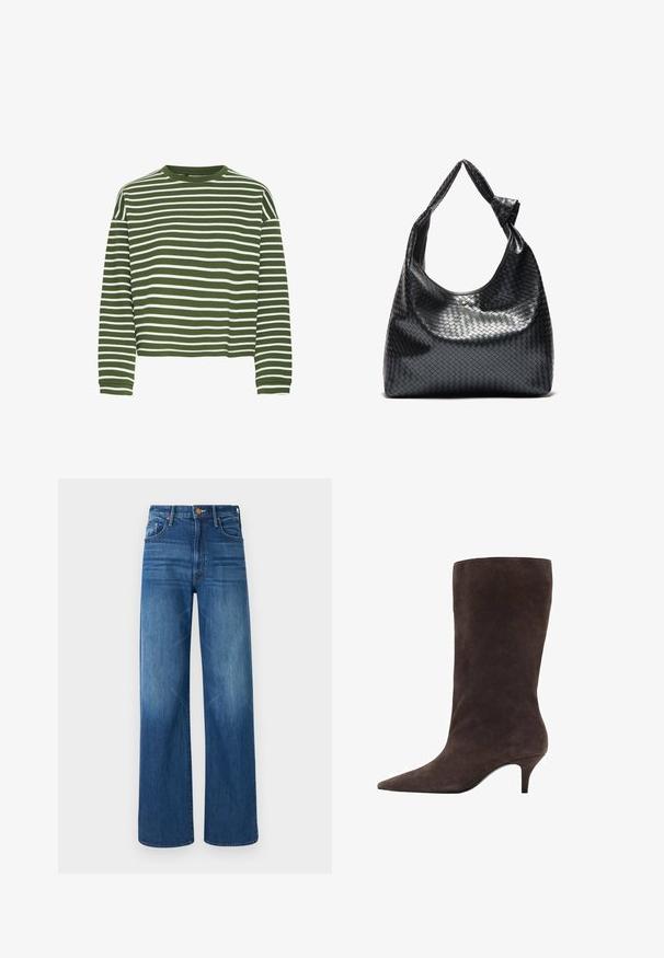Cappotto di pelliccia finta marrone, shaggy, con un'etichetta visibile all'interno che riporta "NEXT" e "Made in China" su un interno scuro.; Maglietta a maniche lunghe a righe verdi e bianche con scollatura tonda e taglio dritto. Tessuto morbido e strutturato, con righe orizzontali equidistanti.; Mother THE LASSO SNEAK - Jeans baggy - dark blue denim; Stivale in suede marrone, con punta affusolata e tacco medio, caratterizzato da una texture liscia e un design elegante.; Borsa a mano in pelle intrecciata nera con un design morbido, dotata di una tracolla annodata e di un piccolo chiodo decorativo in oro nella parte superiore.