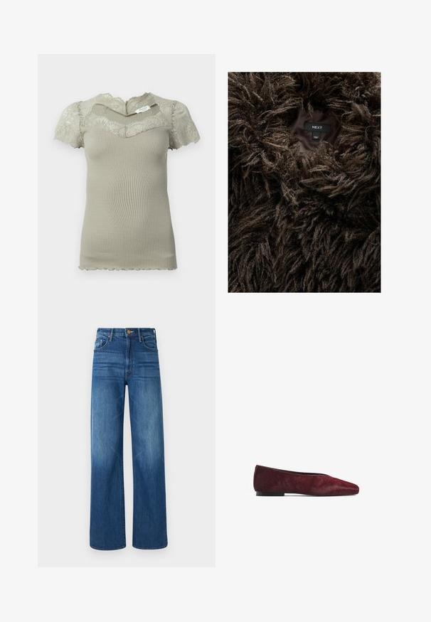 Cappotto di pelliccia finta marrone, shaggy, con un'etichetta visibile all'interno che riporta "NEXT" e "Made in China" su un interno scuro.; Corto top in maglia beige a costine con dettagli in pizzo sul collo e maniche corte, bordi ondulati su maniche e orlo.; Mother THE LASSO SNEAK - Jeans baggy - dark blue denim; Ballet flat di un rosso scuro, realizzata in pelle con pelo. Presenta una punta affusolata e una suola nera piatta, mostrando una texture liscia.