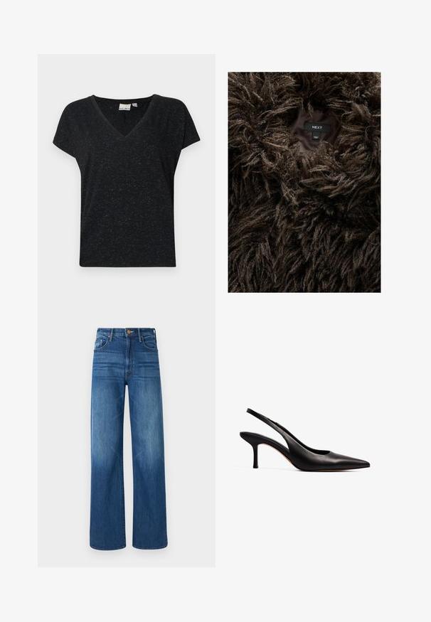 Pruun karvane tehisnaha mantel, mille sees on nähtav silt "NEXT" ja "Valmistatud Hiinas" tumedal voodril.; Musta V-kaelusega t-särk lühikeste varrukatega, millel on tekstureeritud kangan ja vaba lõige. Silt on nähtav kaelaaugus.; Copenhagen Muse NORMA - Pluus - jet stream; Mother THE LASSO SNEAK - Avar lõikega teksad - dark blue denim; NA-KD Klassikalised kontsakingad - black