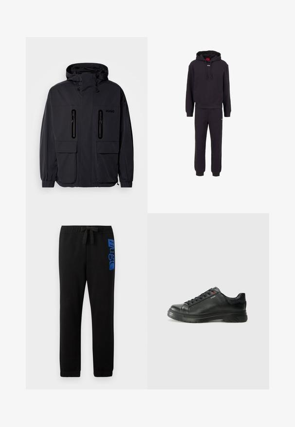 Čierna nepremokavá bunda s kapucňou, dvoma zipsovými náprsními vreckami a elastickými manžetami. Disponuje minimalistickým dizajnom a značkou "HUGO".; Čierny súprava pozostávajúca z mikiny a teplákov. Mikina s kapucňou a bielym logom, s rebrovanými manžetami. Nohavice majú elastický pás a zúžené nohavice. Mäkká látka.; Čierne tepláky vyrobené z bavlnenej zmesi, s elastickým pásom a šnúrkou, a modrým logom potlačeným na ľavej nohe.; Čierna kožená teniska s textúrovaným vrchom, polstrovaným golierom a červeným logom. Obsahuje hrubú gumovú podrážku s výrazným vzorom.