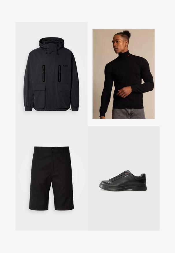 Černá voděodolná bunda s kapucí, dvěma zipovými kapsami na hrudi a elastickými manžetami. Vyznačuje se minimalistickým designem a značkovým logem "HUGO".; Černý rolák vyrobený z žebrovaného materiálu s dlouhými rukávy. Obsahuje malé červené logo na krku. Nosit s šedými džíny.; Černé šortky vyrobené z pevné látky, s rovný střih, zapínáním na knoflík a hladkým povrchem bez viditelných vzorů.; Černé kožené tenisky s texturovaným svrškem, polstrovaným límcem a červeným logem. Disponují tlustou gumovou podrážkou s výrazným vzorem.