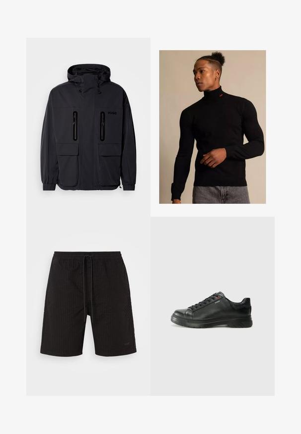 Veste imperméable noire avec capuche, deux poches poitrine zippées et poignets élastiques. Présente un design minimaliste et un logo "HUGO".; Pull à col roulé noir en matériau côtelé avec des manches longues. Présente un petit logo rouge au niveau du cou. Porté avec un jean gris.; Shorts de bain noirs avec un motif texturé à côtes. Taille élastique avec cordon de serrage. Marquage discret sur le bas à l'avant. Pas de poches.; Sneaker en cuir noir avec une tige texturée, un col rembourré et un détail de logo rouge. Caractéristiques d'une épaisse semelle en caoutchouc avec un motif de semelle distinct.