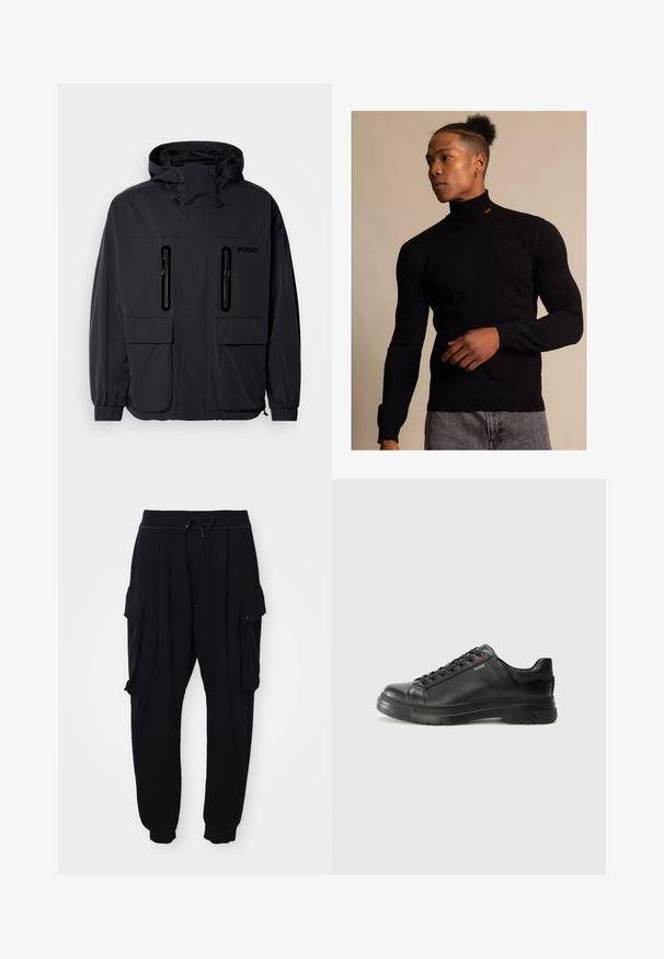 Crna vodoodbojna jakna s kapuljačom, dva ziperirana džepa na prsima i elastičnim manžetama. Ima minimalistički dizajn i "HUGO" logo.; Crna turtleneck majica od rebraste tkanine s dugim rukavima. Sadrži mali crveni logo na vratu. Nosena s taman sivim trapericama.; Crne trenirke izrađene od mekanog materijala, s elastičnom gumom u struku i vezicom, bočnim cargo džepovima i rebrastim manžetama na gležnjevima.; Crne kožne tenisice s teksturiranim gornjim dijelom, podstavljenim ovratnikom i crvenim logotipom. Imaju debeli gumeni potplat s izraženim uzorkom.