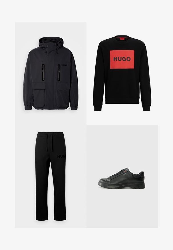 Schwarze wasserdichte Jacke mit Kapuze, zwei mit Reißverschluss versehenen Brusttaschen und elastischen Bündchen. Verfügt über ein minimalistisches Design und "HUGO"-Branding.; Schwarzes Sweatshirt mit einem roten rechteckigen Grafik. Das Wort "HUGO" wird deutlich in fetter schwarzer Schrift angezeigt. Gerippter Rundhalsausschnitt und Bündchen.; Schwarze Sweatpants mit elastischem Bund, Kordelzug und einem kleinen, geprägten "HUGO"-Logo auf der linken Seite. Glatte Textur, gerader Schnitt.; Schwarze Leder-Sneaker mit strukturiertem Obermaterial, gepolstertem Kragen und rotem Logo-Detail. Verfügt über eine dicke Gummisohle mit markantem Profil.