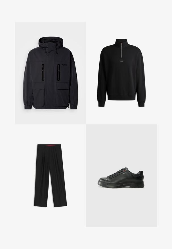 Black waterproof jacket with a hood, two zippered chest pockets, and elastic cuffs. Features minimalistic design and "HUGO" branding.; Black sweatshirt with a high collar, front zipper, and subtle logo. Made from soft fabric, features ribbed cuffs and hem.; Black wide-leg trousers with a flat front, two side pockets, pleated design, and a contrasting red interior waistband.; Black leather sneaker with textured upper, padded collar, and red logo detail. Features a thick rubber sole with distinct tread pattern.