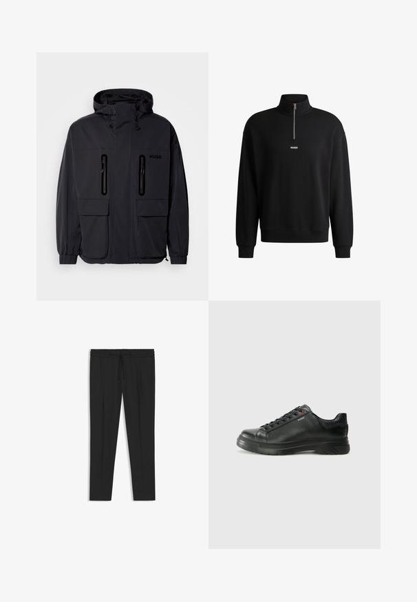 Sort vandtæt jakke med hætte, to lynlås-lommer på brystet og elastiske manchetter. Har et minimalistisk design og "HUGO" branding.; Sort sweatshirt med høj krave, frontlynlås og diskret logo. Lavet af blødt stof, har ribbede manchetter og kant.; Sorte bukser med elastisk talje, der har snoretræk. Skræddersyet pasform med sidelommer og et glat, let stof.; Sorte lædersneakers med tekstureret overdel, polstret krave og rødt logo-detajle. Har en tyk gummisål med tydeligt mønster.
