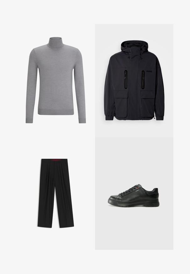 Schwarze wasserdichte Jacke mit Kapuze, zwei mit Reißverschluss versehenen Brusttaschen und elastischen Bündchen. Verfügt über ein minimalistisches Design und "HUGO"-Branding.; HUGO SAN THOMAS - Strickpullover - silver; Schwarze weit geschnittene Hosen mit flachem Bund, zwei seitlichen Taschen, gefaltetem Design und einem kontrastierenden roten Innenbund.; Schwarze Leder-Sneaker mit strukturiertem Obermaterial, gepolstertem Kragen und rotem Logo-Detail. Verfügt über eine dicke Gummisohle mit markantem Profil.