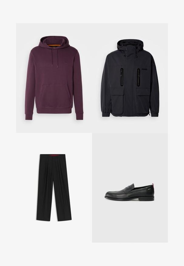 Svart vattentät jacka med huva, två blixtlåsförsedda bröstfickor och elastiska muddar. Har en minimalistisk design och "HUGO"-logotyp.; Lila huoodie tillverkad av mjuk bomull. Har en framkant med känguruficka och ribbade mudd. Litet logomärke på bröstet.; Svarta vida byxor med slät front, två sidofickor, veckad design och en kontrasterande röd midjeresår.; Svarta läderloafers med en texturerad frontpanel och släta sidor. Utrustade med en smal klack och en bakre ögla för enkel påtagning. Klassisk design.
