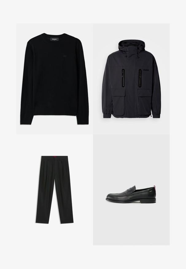 Chaqueta impermeable negra con capucha, dos bolsillos en el pecho con cremallera y puños elásticos. Presenta un diseño minimalista y el logotipo "HUGO".; Suéter negro de cuello redondo hecho de tejido suave. Presenta mangas largas y un sutil detalle del logo D2 en la parte delantera. Diseño simple y clásico.; Pantalones negros con diseño plisado, forma de pierna ancha y textura suave. Presenta una etiqueta de cintura roja.; Mocasines de cuero negro con un panel frontal texturizado y laterales lisos. Presenta un tacón delgado y un lazo trasero para facilitar su uso. Diseño clásico.