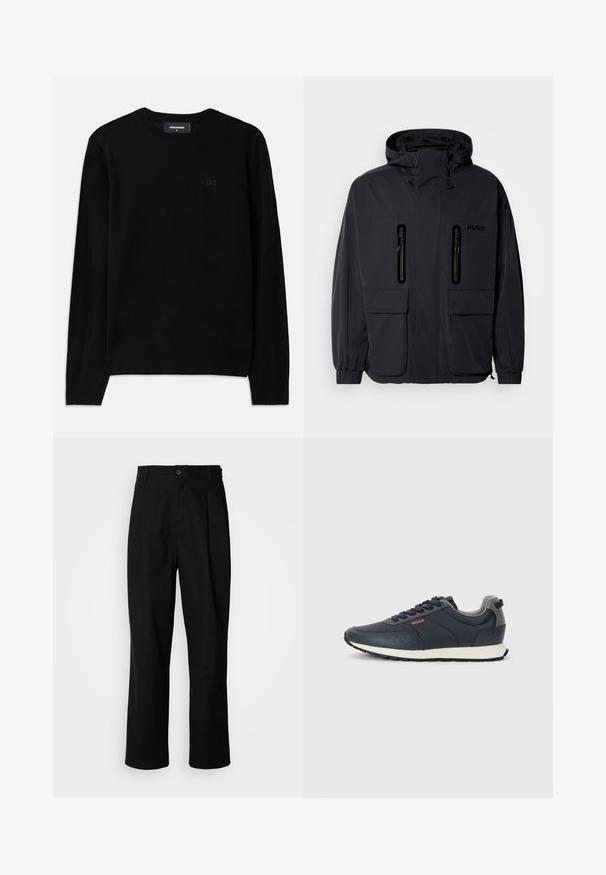 Zwarte waterdichte jas met een capuchon, twee ritszakken op de borst en elastische manchetten. Heeft een minimalistisch ontwerp en "HUGO" branding.; Zwarte crewneck trui van zacht materiaal. Voorzien van lange mouwen en een subtiele D2-logo detail op de voorkant. Eenvoudig, klassiek ontwerp.; Zwarte rechte broek met een knoopsluiting, lusjes voor een riem en een voornaad, gepresenteerd tegen een effen witte achtergrond.; Marineblauwe sneakers met een gladde synthetische bovenkant, ronde neus, grijze accenten, vetersluiting en een witte tussenzool met een gestructureerde zwarte buitenzool.