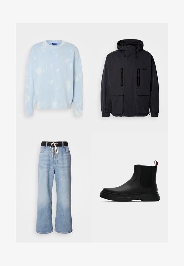 Chaqueta impermeable negra con capucha, dos bolsillos en el pecho con cremallera y puños elásticos. Presenta un diseño minimalista y el logotipo "HUGO".; Sudadera azul claro con un patrón de teñido anudado, cuello redondo y mangas anchas. Fabricada con un tejido suave y con puños y dobladillo acanalados.; Jeans de pierna ancha de color azul claro con una cinturilla elástica negra, que cuentan con un cierre de cordón y un diseño clásico de cinco bolsillos.; Botín negro con un acabado liso, paneles laterales elásticos y una lengüeta de tirón roja contrastante, que presenta una suela de goma gruesa y punta redondeada.