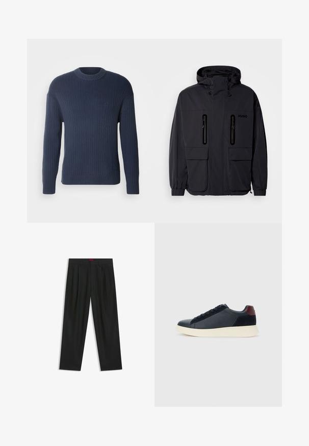 Giacca impermeabile nera con cappuccio, due tasche a zip sul petto e polsini elastici. Presenta un design minimalista e il marchio "HUGO".; Maglione a coste blu navy con maniche lunghe, scollatura rotonda e tessuto uniforme. Presenta un piccolo logo nella zona del petto.; Pantaloni neri con un design plissè, forma a gamba larga e texture liscia. Presentano un'etichetta rossa in vita.; Sneaker da uomo a basso profilo in pelle nera e suede con linguetta sul tallone color bordeaux e suola in gomma bianca, vista dal lato esterno.