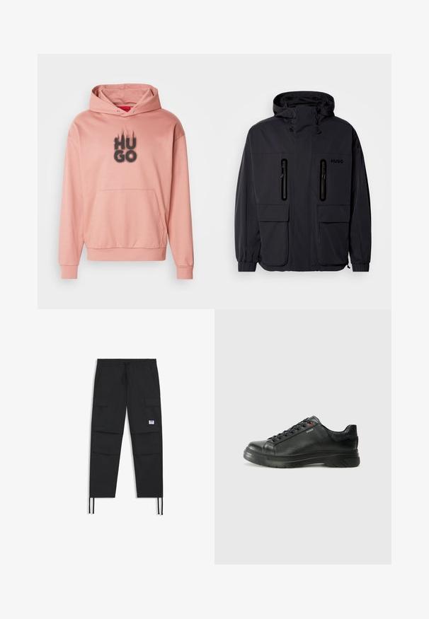 Schwarze wasserdichte Jacke mit Kapuze, zwei mit Reißverschluss versehenen Brusttaschen und elastischen Bündchen. Verfügt über ein minimalistisches Design und "HUGO"-Branding.; Rosa Kapuzenpullover aus weichem Stoff mit Kängurutasche. Mit einem zentral platzierten schwarzen "HUGO"-Logo und Flammenakzenten darüber.; Schwarze Cargo-Hosen mit einem Kordelzugbund, mehreren Taschen, elastischem Bund und einem dezenten Logo-Patch. Hergestellt aus leichtem Material.; Schwarze Leder-Sneaker mit strukturiertem Obermaterial, gepolstertem Kragen und rotem Logo-Detail. Verfügt über eine dicke Gummisohle mit markantem Profil.