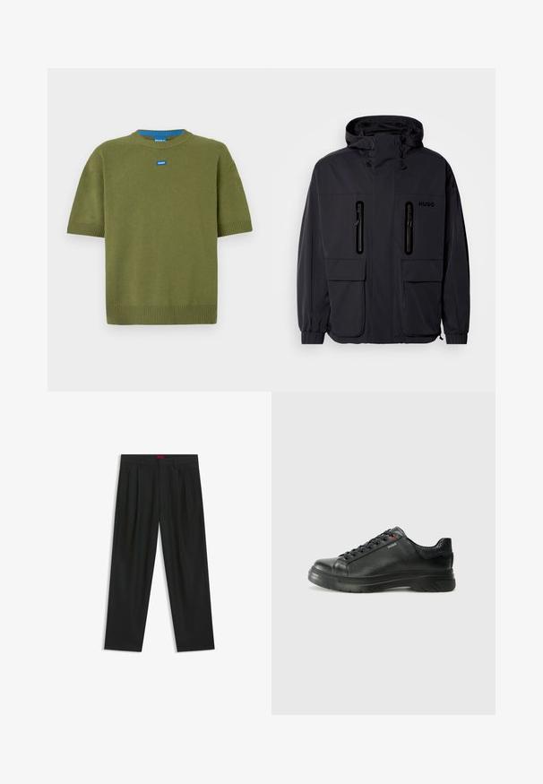 Giacca impermeabile nera con cappuccio, due tasche a zip sul petto e polsini elastici. Presenta un design minimalista e il marchio "HUGO".; Pullover corto a maniche corte color verde oliva, con collo rotondo, bordi a coste e un patch con il logo blu sul petto. Tessuto morbido e vestibilità comoda.; Pantaloni neri con un design plissè, forma a gamba larga e texture liscia. Presentano un'etichetta rossa in vita.; Sneaker nera in pelle con superficie testurizzata, collo imbottito e dettaglio logo rosso. Presenta una suola in gomma spessa con un motivo di battistrada distintivo.