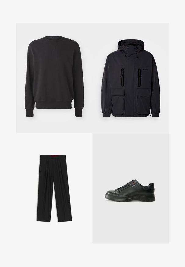 Giacca impermeabile nera con cappuccio, due tasche a zip sul petto e polsini elastici. Presenta un design minimalista e il marchio "HUGO".; Felpa nera a girocollo realizzata in tessuto morbido; presenta maniche lunghe, polsini e orlo a costine, con una vestibilità comoda e un design minimale.; Pantaloni neri a gamba larga con fronte piatto, due tasche laterali, design plissettato e un elastico in vita di colore rosso a contrasto.; Sneaker nera in pelle con superficie testurizzata, collo imbottito e dettaglio logo rosso. Presenta una suola in gomma spessa con un motivo di battistrada distintivo.