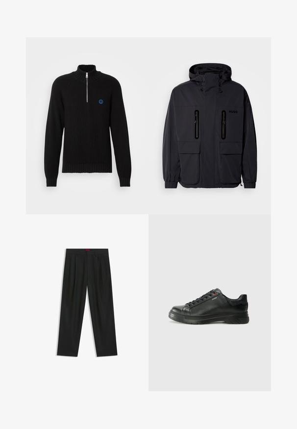 Black waterproof jacket with a hood, two zippered chest pockets, and elastic cuffs. Features minimalistic design and "HUGO" branding.; Knitted black sweater with a high collar, half-zip closure, ribbed cuffs, and hem. Features a small blue circular logo on the chest.; Black trousers with a pleated design, wide leg shape, and a smooth texture. Features a red waistband tag.; Black leather sneaker with textured upper, padded collar, and red logo detail. Features a thick rubber sole with distinct tread pattern.
