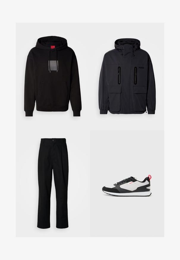 Fekete vízálló dzseki kapucnival, két cipzáras mellzsebbel és rugalmas mandzsettával. Minimalista dizájnnal és "HUGO" logóval ellátva.; Fekete kapucnis pulóver húzózsinórral, elülső zsebbel és átlátszó négyzetben található logóval. Az anyaga lágy és sima textúrájú.; Fekete egyenes szabású nadrág gombos derékkal, övrutakkal és elülső gyűrődéssel, egy sima fehér háttér előtt.; Fekete és fehér sportcipők velúr és hálós felsőrésszel, piros húzózsinórral és texturált talppal. Fűzős kialakítás logóval.