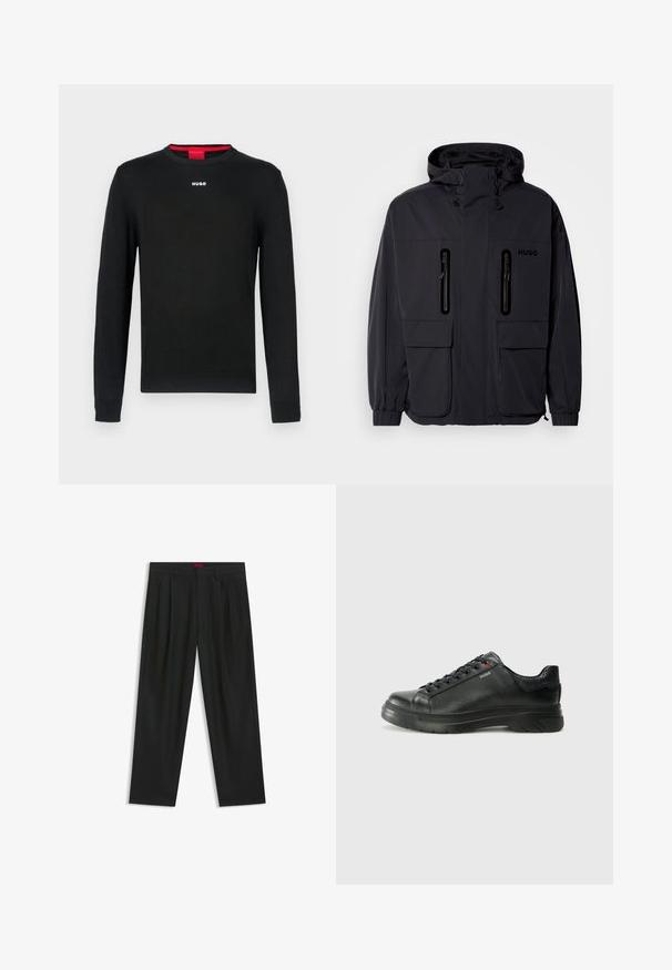 Black waterproof jacket with a hood, two zippered chest pockets, and elastic cuffs. Features minimalistic design and "HUGO" branding.; Black long-sleeve sweater with round neckline, ribbed cuffs, and hem. Features small white "HUGO" logo centered on the chest.; Black trousers with a pleated design, wide leg shape, and a smooth texture. Features a red waistband tag.; Black leather sneaker with textured upper, padded collar, and red logo detail. Features a thick rubber sole with distinct tread pattern.