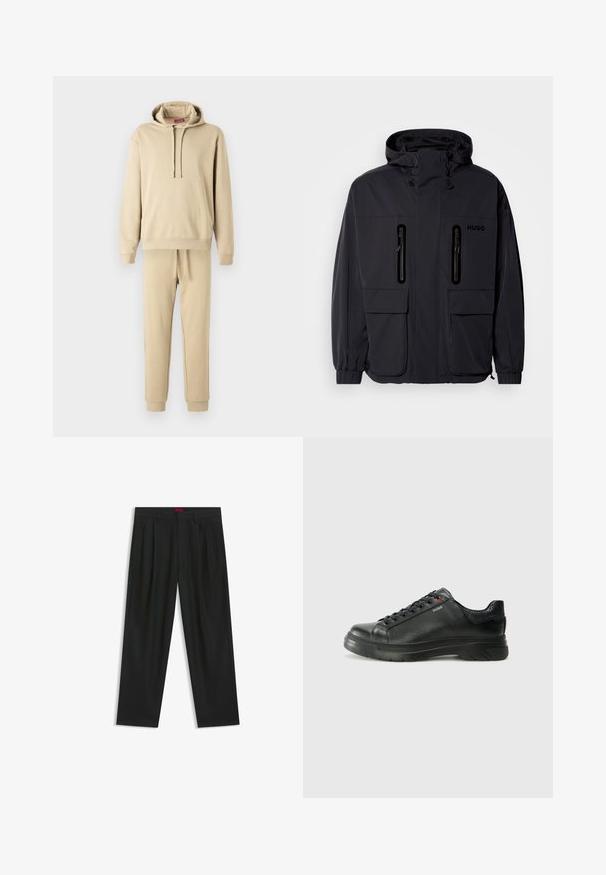 Black waterproof jacket with a hood, two zippered chest pockets, and elastic cuffs. Features minimalistic design and "HUGO" branding.; Beige hoodie and jogger set made of soft fabric. The hoodie features a drawstring and a front pocket; the joggers have an elastic waistband.; Black trousers with a pleated design, wide leg shape, and a smooth texture. Features a red waistband tag.; Black leather sneaker with textured upper, padded collar, and red logo detail. Features a thick rubber sole with distinct tread pattern.