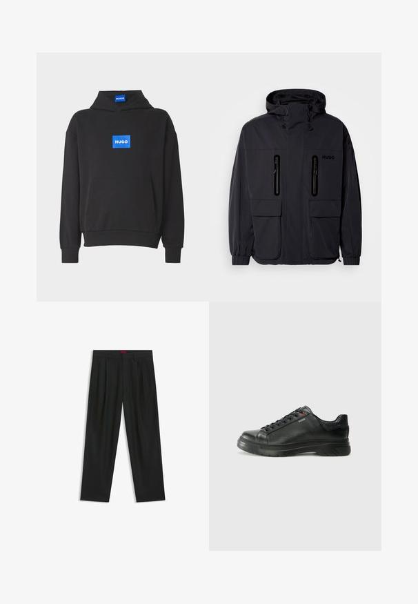 Black waterproof jacket with a hood, two zippered chest pockets, and elastic cuffs. Features minimalistic design and "HUGO" branding.; Black hooded sweatshirt made of cotton. Features a blue rectangular logo with "HUGO" on the front. Includes a kangaroo pocket and ribbed cuffs.; Black trousers with a pleated design, wide leg shape, and a smooth texture. Features a red waistband tag.; Black leather sneaker with textured upper, padded collar, and red logo detail. Features a thick rubber sole with distinct tread pattern.