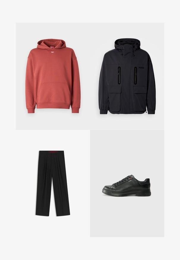 Black waterproof jacket with a hood, two zippered chest pockets, and elastic cuffs. Features minimalistic design and "HUGO" branding.; Red cotton hoodie with a kangaroo pocket, ribbed cuffs, and hem. Features a small logo on the chest and a drawstring in the hood.; Black wide-leg trousers with a flat front, two side pockets, pleated design, and a contrasting red interior waistband.; Black leather sneaker with textured upper, padded collar, and red logo detail. Features a thick rubber sole with distinct tread pattern.